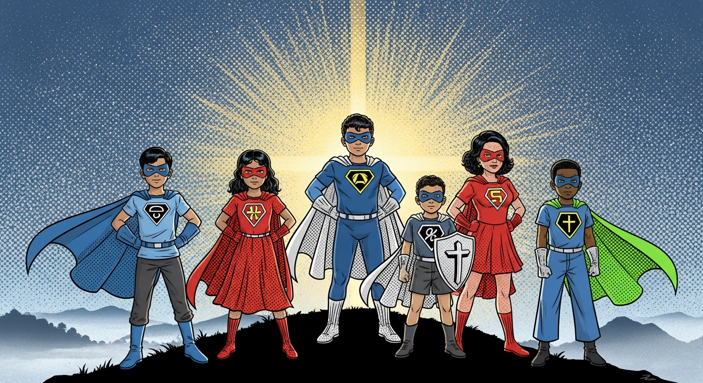 Six kids in superhero costumes standing heroically on a misty hilltop